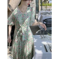 korean style fashionable floral osen rose french style stand cut waist lace up dress for women 2022 summer new skirt