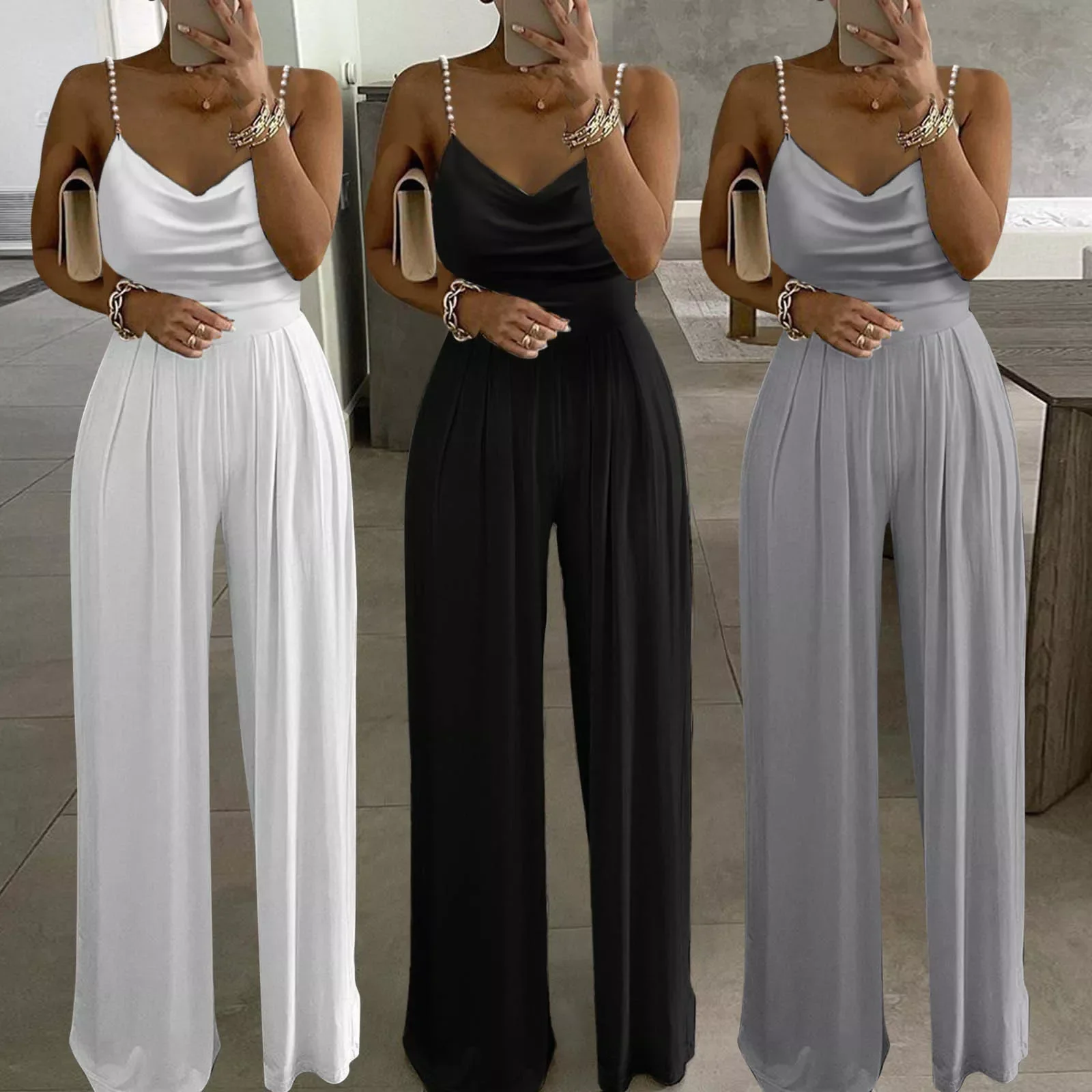 New in Rompers 2022 Summer Sexy Soild Pearl Sling Top Jumpsuits Women Straps Wide Leg Playsuits Casual V-Neck Overall Bodysuit j