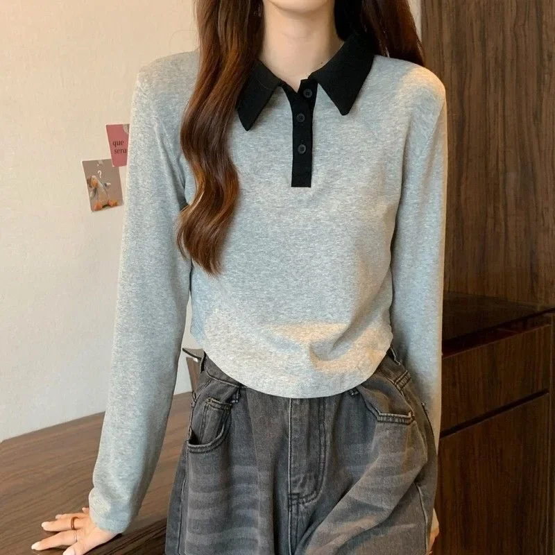 Women's Polo Collar Slimming Inner T-Shirt Long Sleeve Base Layer Top Niche Cropped Design Sensibility For Autumn