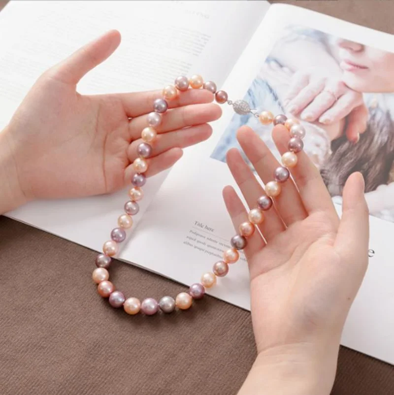 

UMQ 10-11mm Real Natural Pearl Women's Necklace Fine Round Mix Color Pearls Sterling Silver Engagement Jewelry