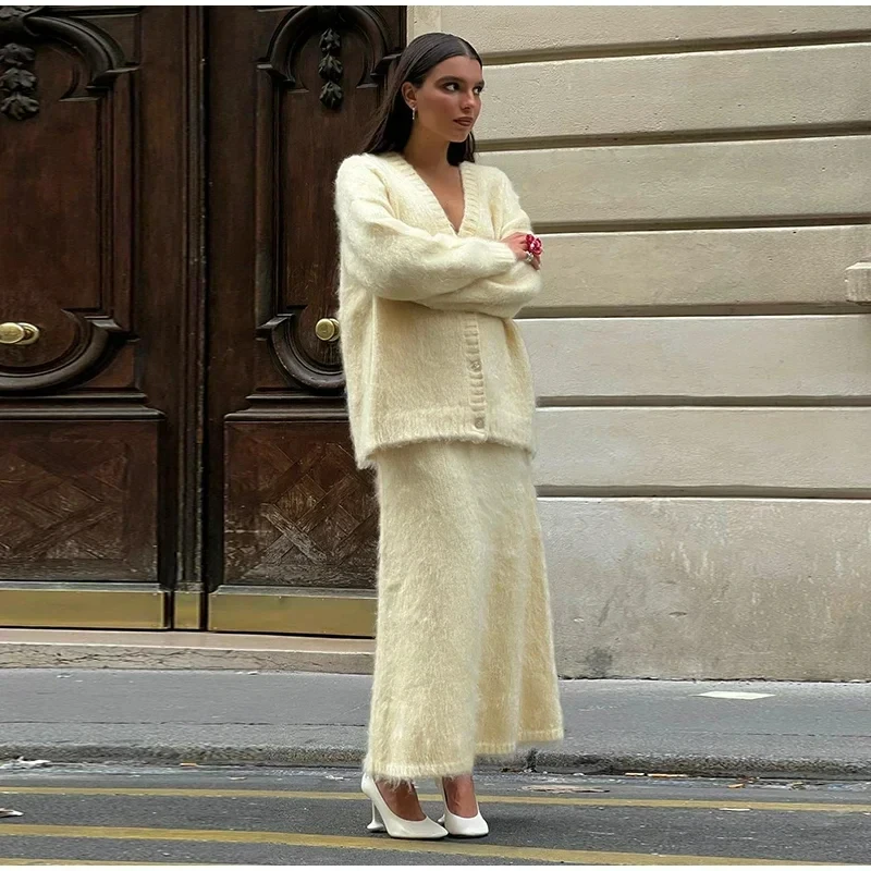 Женский вязаный однотонный однобортный свитер пальто юбка костюмы модный