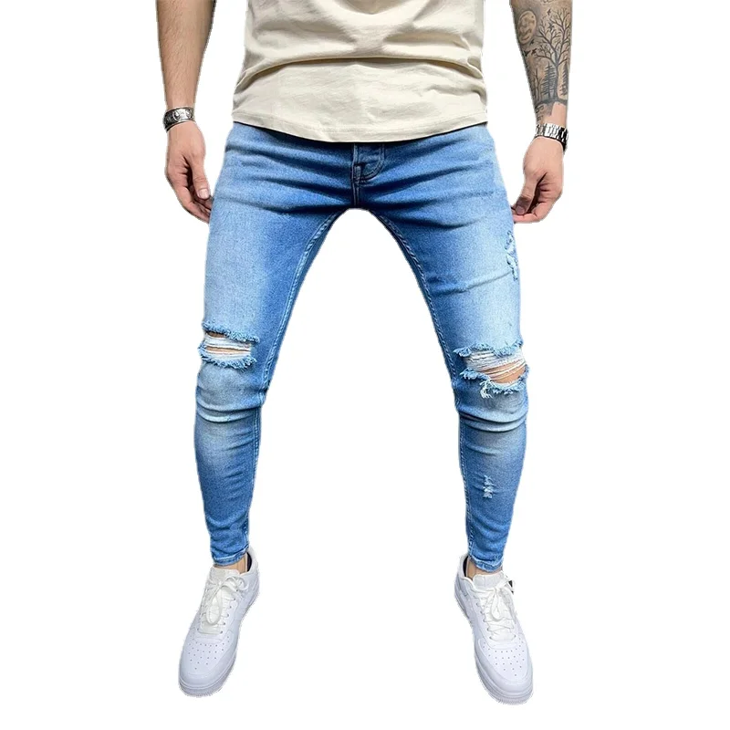 

Мужские джинсы с дырками, брюки-карандаш, Стрейчевые облегающие джинсы, мужские новые светильник-голубые длинные брюки, модные трендовые дж...