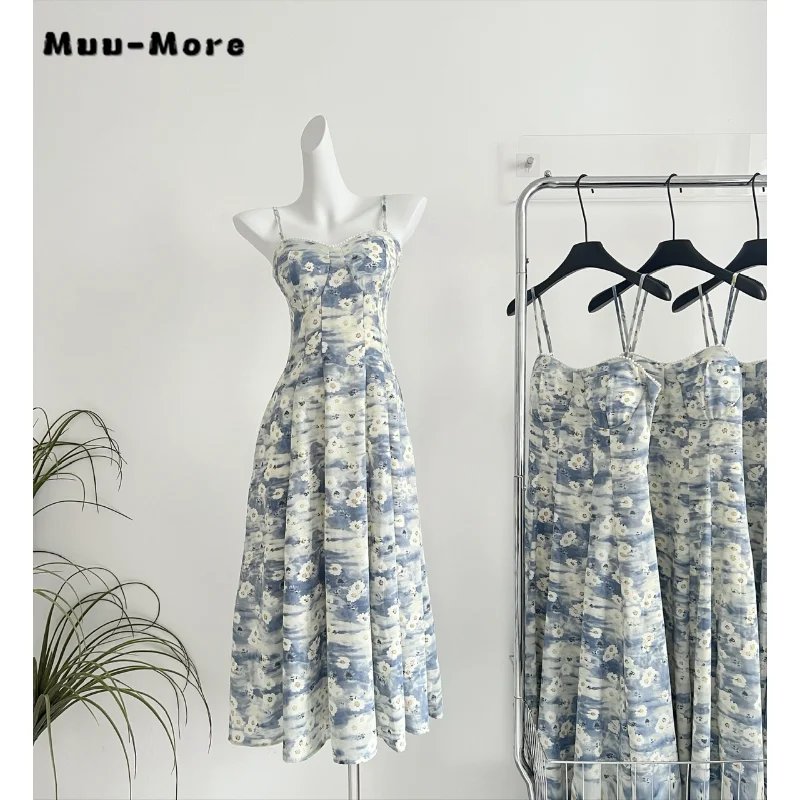 

Женское шифоновое платье с открытой спиной, плиссированное облегающее платье на бретелях с цветочным принтом и высокой талией, лето 2023