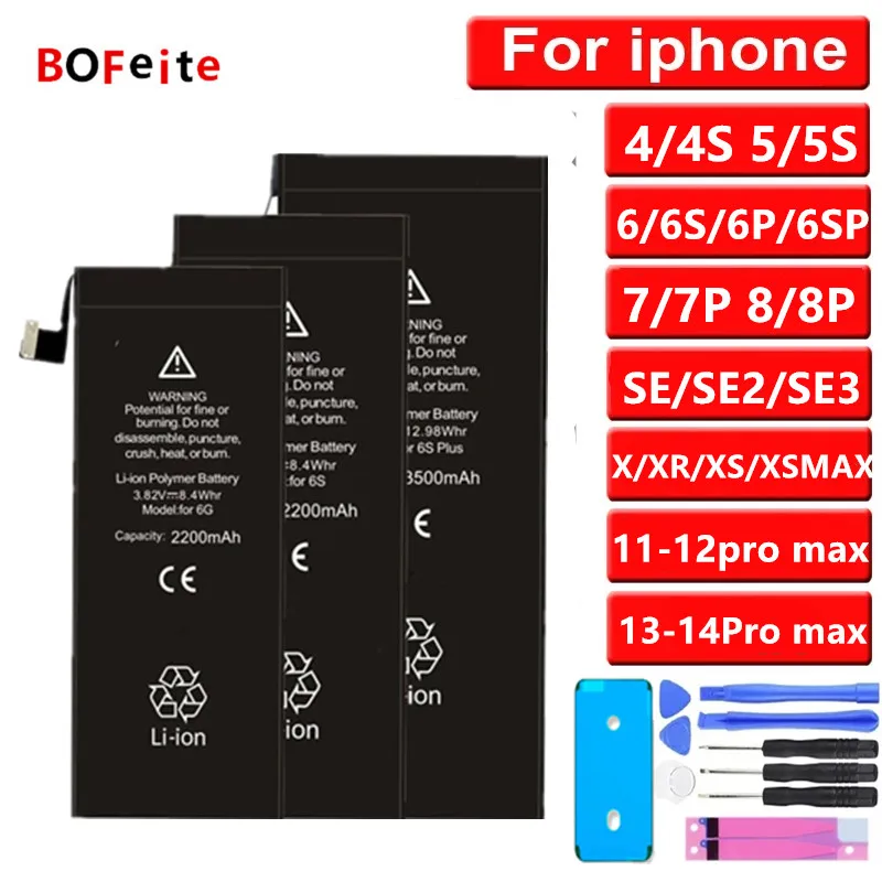 

BoFeite Original Battery For iPhone 6S 7 7Plus 8 8P Replacement Bateria For APPLE X XR XS MAX 11pro 12mini 13pro max 14plus