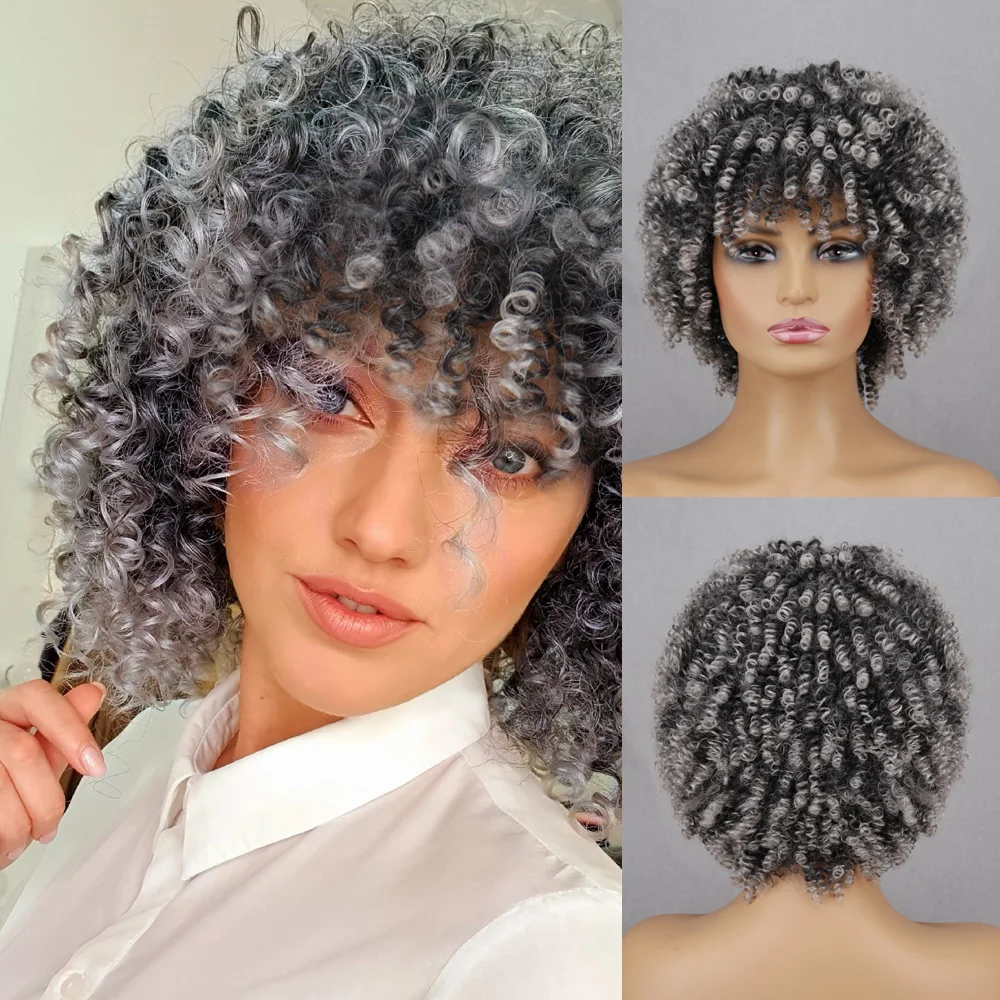 

Black Mixed Grey African Curl African American Women's Short Curly Wig Daily Party High Temperature Fiber Synthetic Wig
