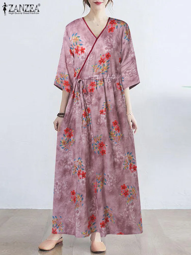 

ZANZEA Women 3/4 Sleeve Robe Chic V-neck Floral Print Dress Korean Fashion Long Maxi Dress Casual Drawstring Waist Wrap Vestido