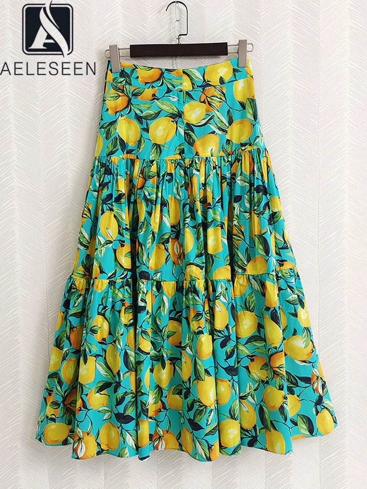 AELESEEN Runway Fashion Women Sicilian Skirt 100% Cotton 2022 Summer Lemon Printed Yellow Green Elegant Long Party Holiday