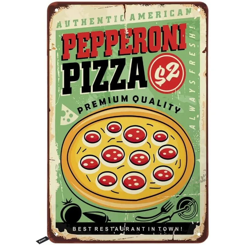 

American Pepperoni Pizza Tin Signs,Pizzeria Fast Food Delicious Pizza Vintage Metal Tin Sign for Men Women Bars,