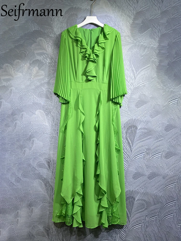 

Seifrmann High Quality Summer Women Fashion Designer Green Dress Long Sleeve Pleated Ruffles Lace Trim Hem Big Swing Dresses