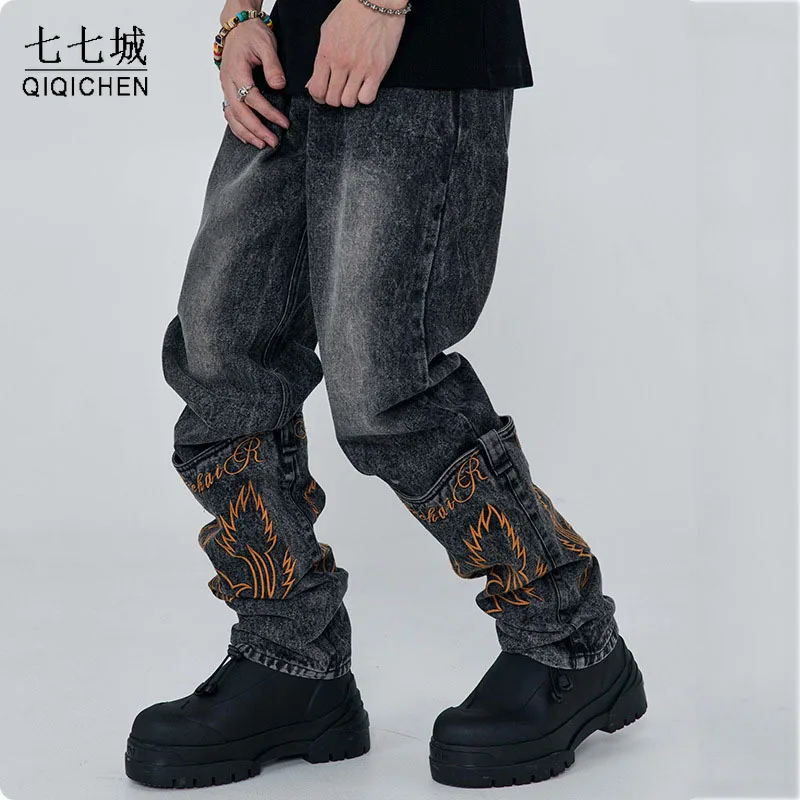 

Hip Hop Jeans Men Vintage Embroidered Patchwork Straight Trousers Street Loose Casual Jogging Cotton Pants Male Spring Autumn