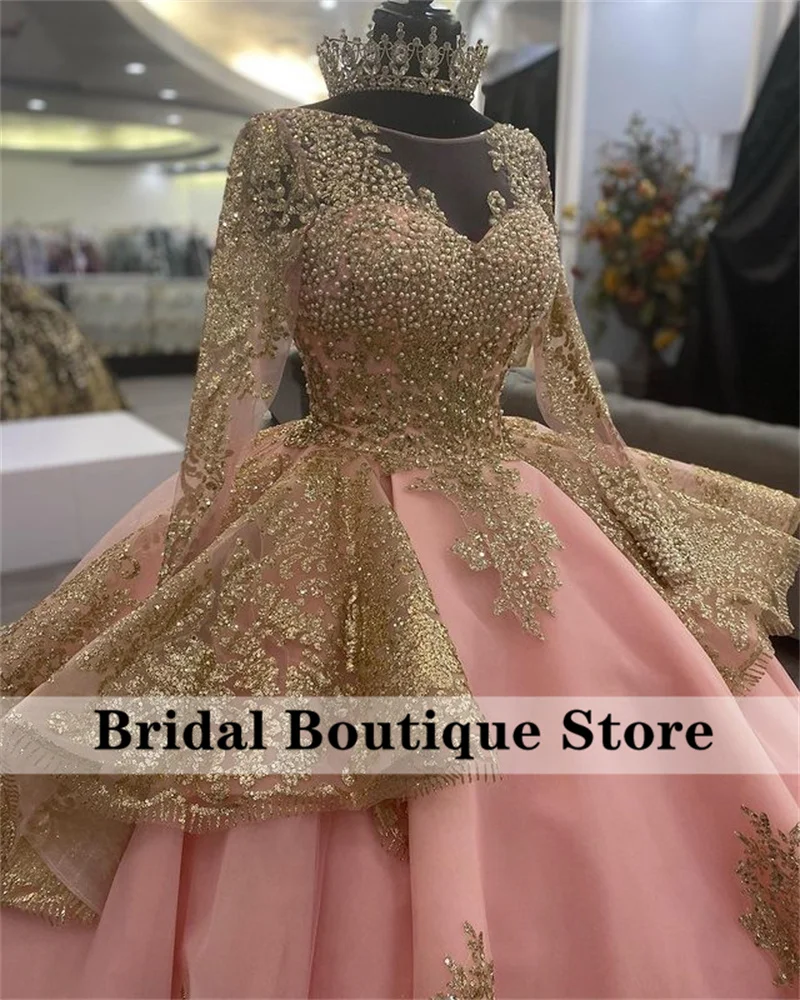Pink Mexican Princess Quinceanera Dress 2022 Long Sleeves Sequin Applique Pearls Cinderella Sweet 16 Dress Vestidos De 15 Años images - 6