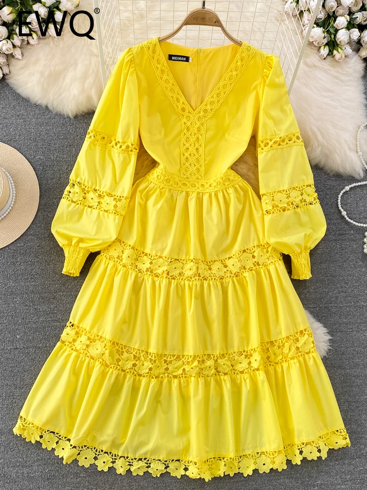 

EWQ Sweet Style Y2K Vestidos 2023 Summer New Women's Dress Long-sleeve Hollow Out Lace Patchwork Solid Color High Waist Dresses