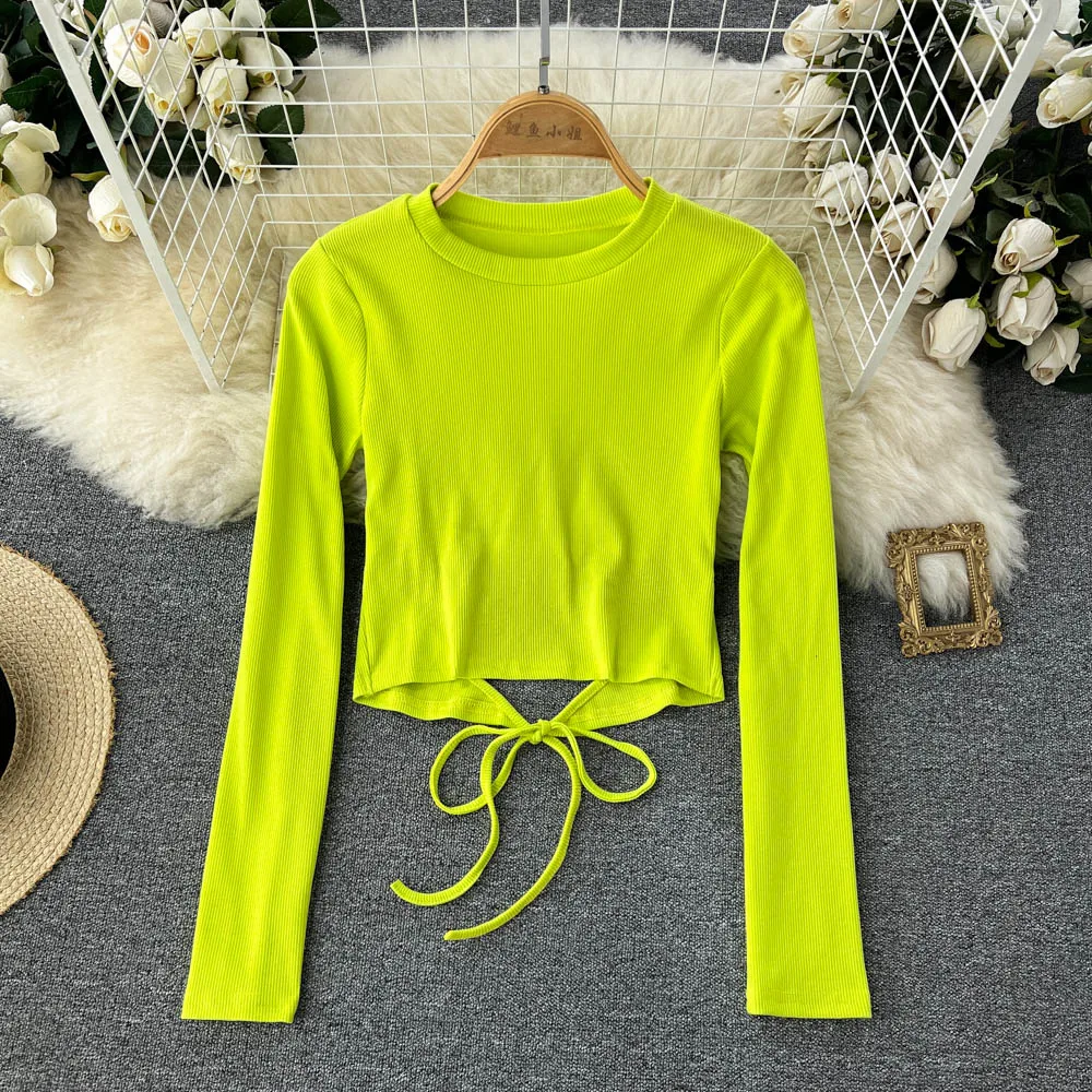 

Chic Hollow Lace-up Skinny Slim Sexy Ribbed T Shirt Tshirt Bandage Tees Women Spring Autumn Long Sleeve Crop Top Streetwear Y2k