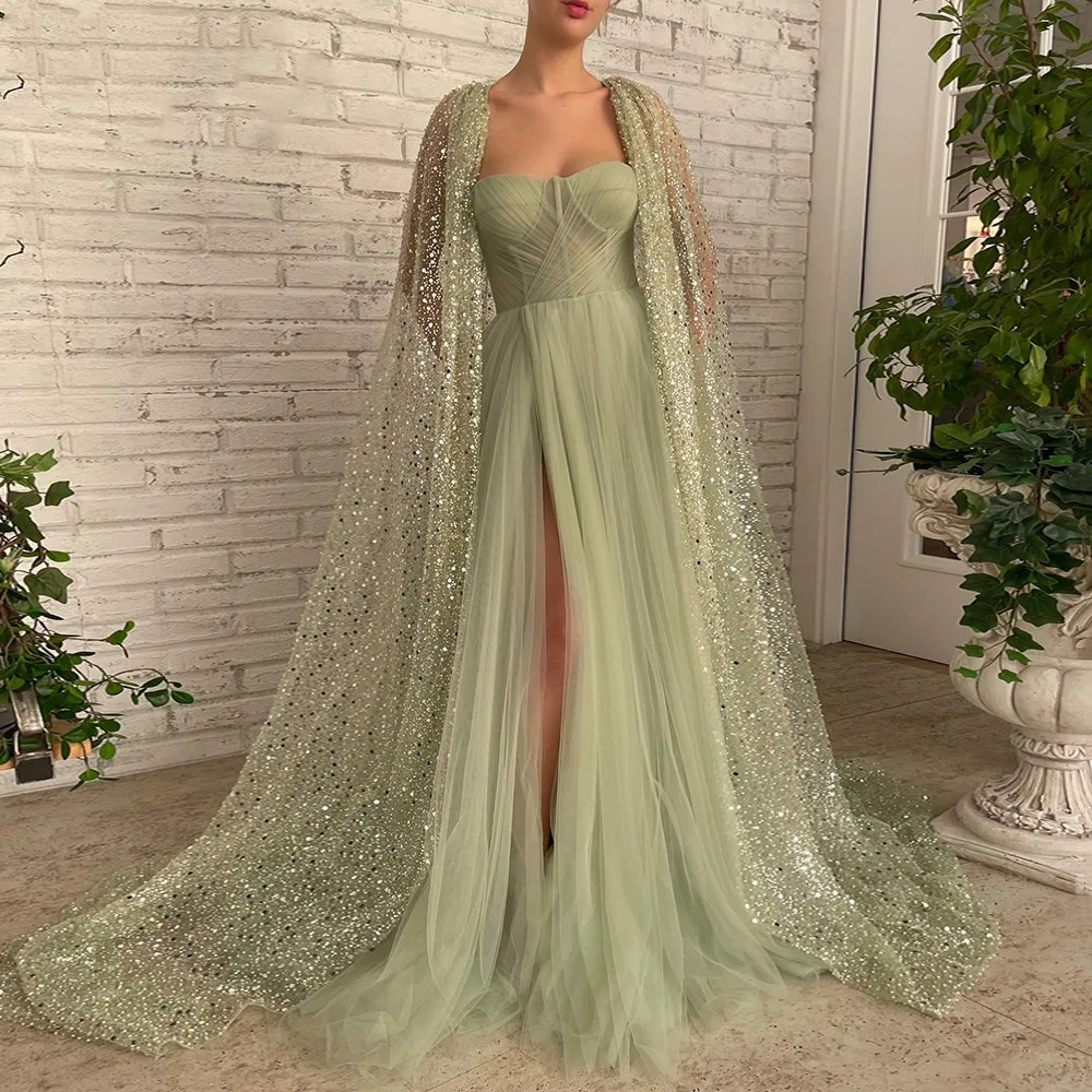 

2023 Green Tulle Bead Sequin String A-Line Prom Dresses Girls Homecoming High Slit Formal Party Gown Birthday Evening Dress Robe