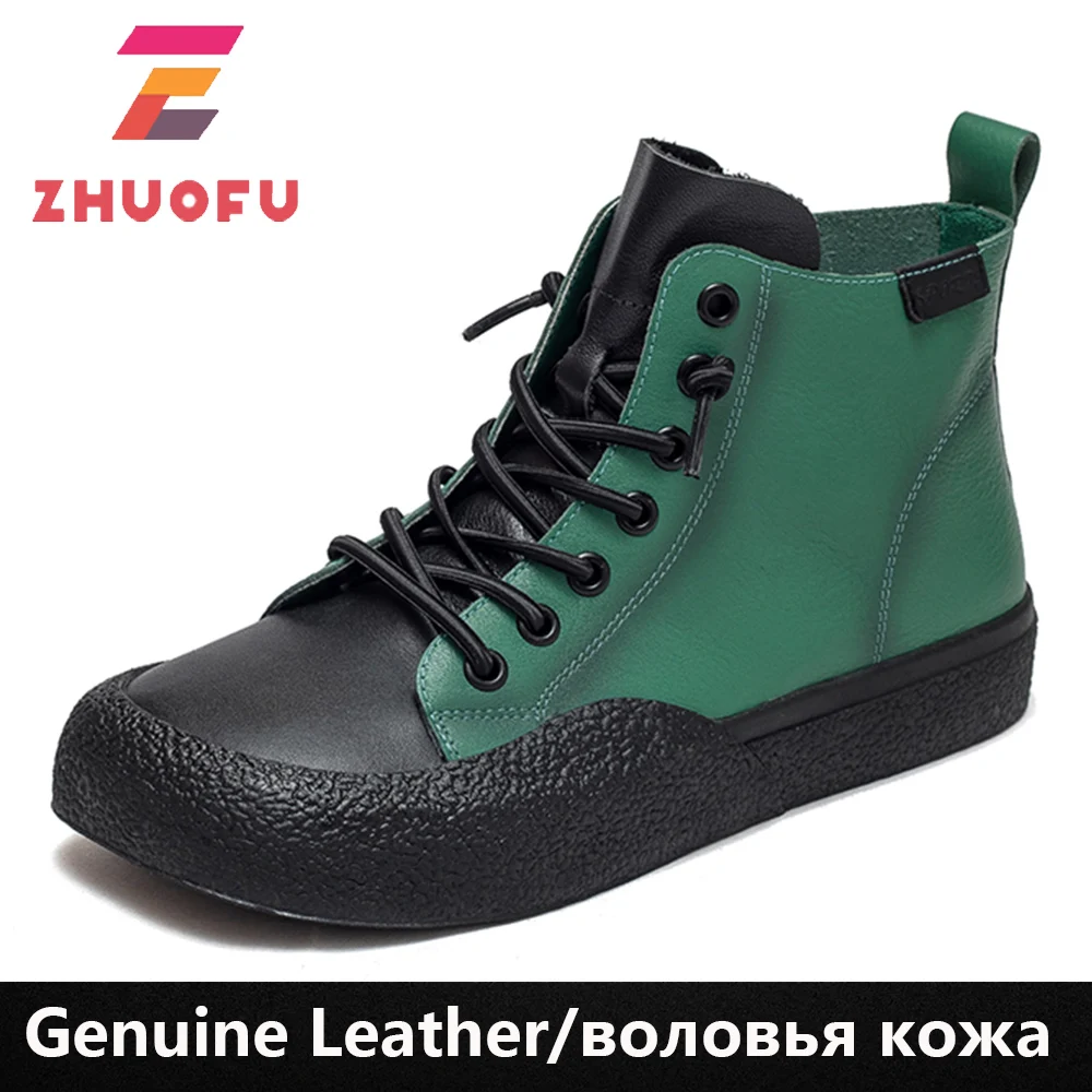 

ZHUOFU 2023 новые мягкие полностью натуральные кожаные ботинки модные повседневные кроссовки с квадратным носком на шнуровке на плоской подошв...