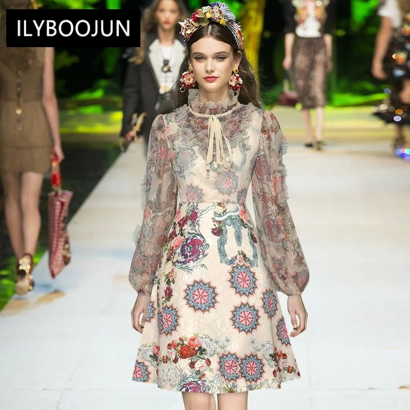 

Fashion Designer Dress Autumn Women's Dress Stand Collar Lantern Sleeve Mesh Printing Ruffles Vintage Dresses