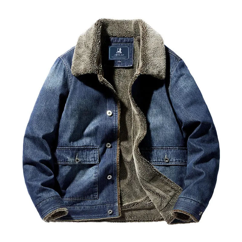 

Зимняя Толстая джинсовая куртка с бархатной подкладкой, мужское ветрозащитное флисовое теплое джинсовое пальто с воротником из меха ягнен...