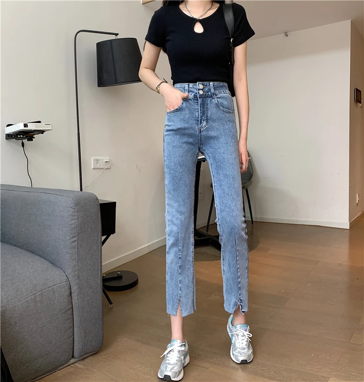 

N5535 High waist straight jeans women's new slim all-match pants slit nine-point pants jeans