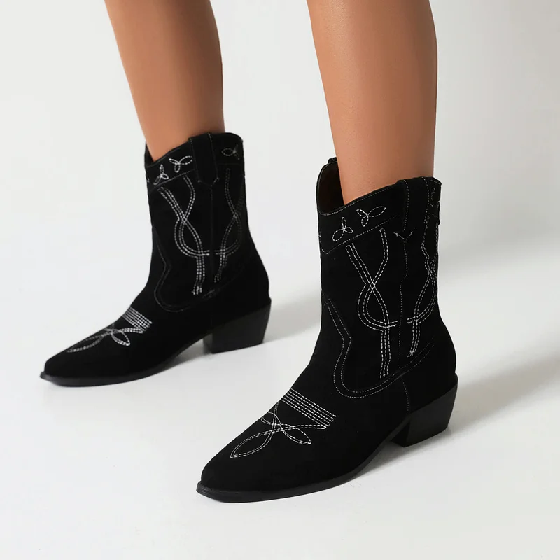 

Ковбойские Модные женские полусапожки в западном стиле, кожаные ботинки средней длины с острым носком и вышивкой, женские ботинки челси на ...