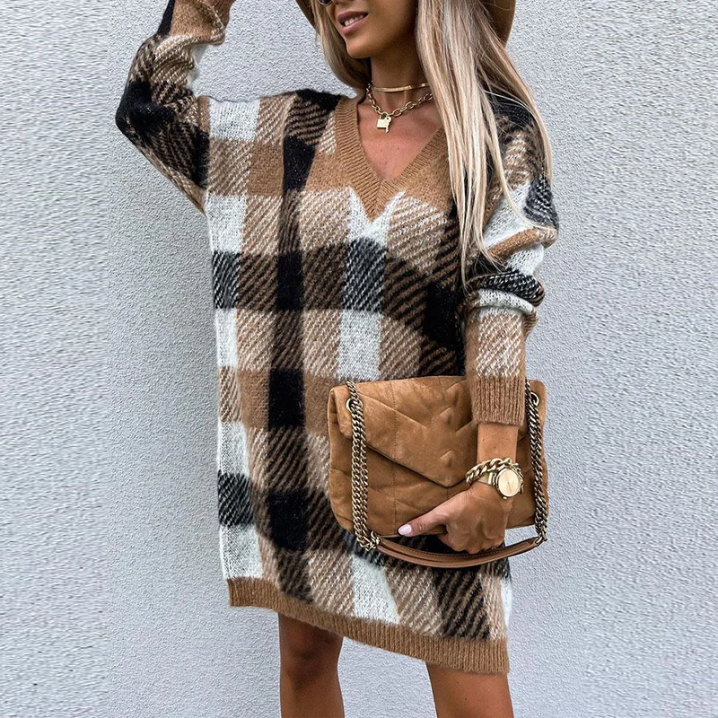 

Женское трикотажное платье-свитер в клетку, с длинным рукавом и V-образным вырезом