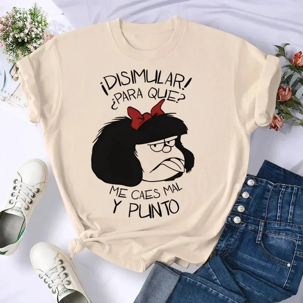 Фото Женские повседневные свободные удобные летние футболки с рисунком Mafalda, женская одежда в стиле Харадзюку, уличная одежда №5