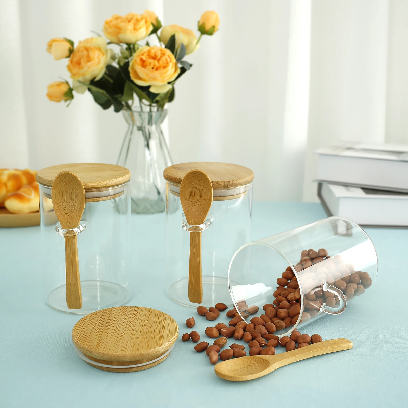 

Стеклянные банки с фотоэлементами и ложками, 3 шт., герметичные стеклянные банки 17 унций/510 мл, прозрачные банки для хранения еды, кухонные стеклянные банки для специй