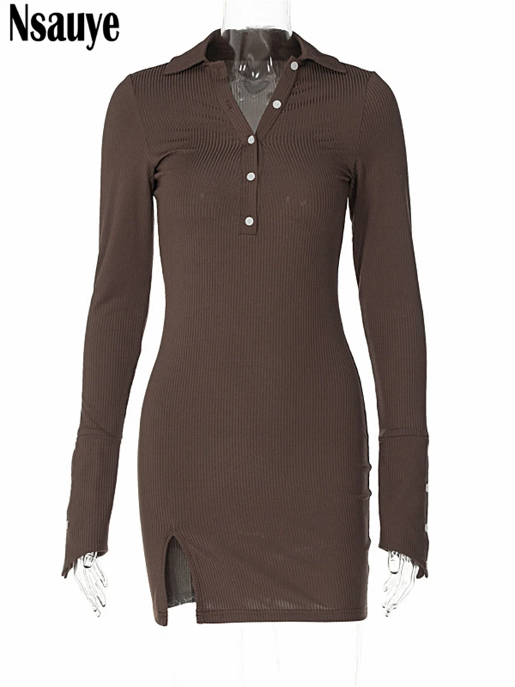 Nsauye узкое с длинным рукавом 2022 осеннее коричневое модное мини Клубное