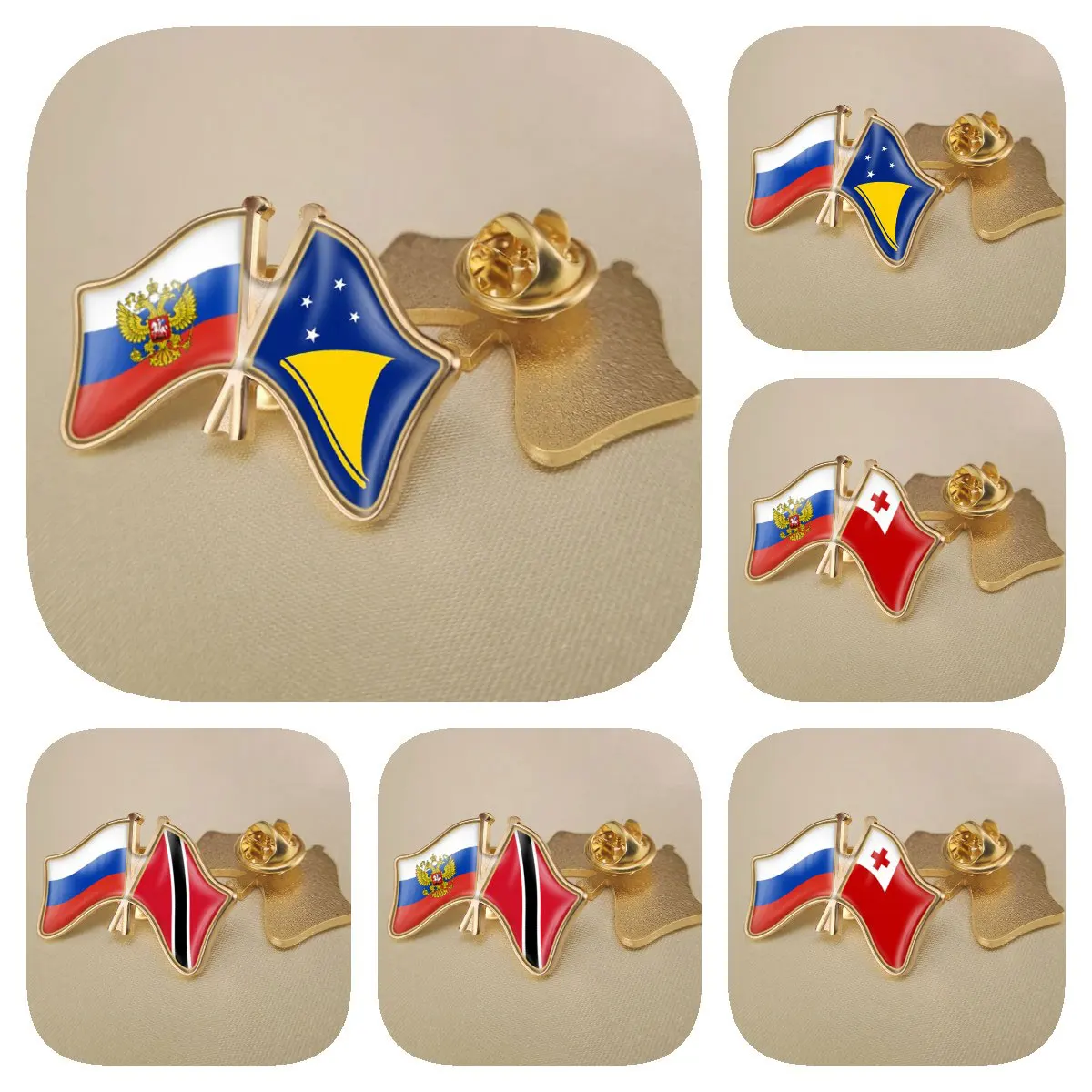 

Russian Federation and Tokelau Tonga Trinidad and Tobago Double Crossed Friendship Flags Brooches Lapel Pins Badges