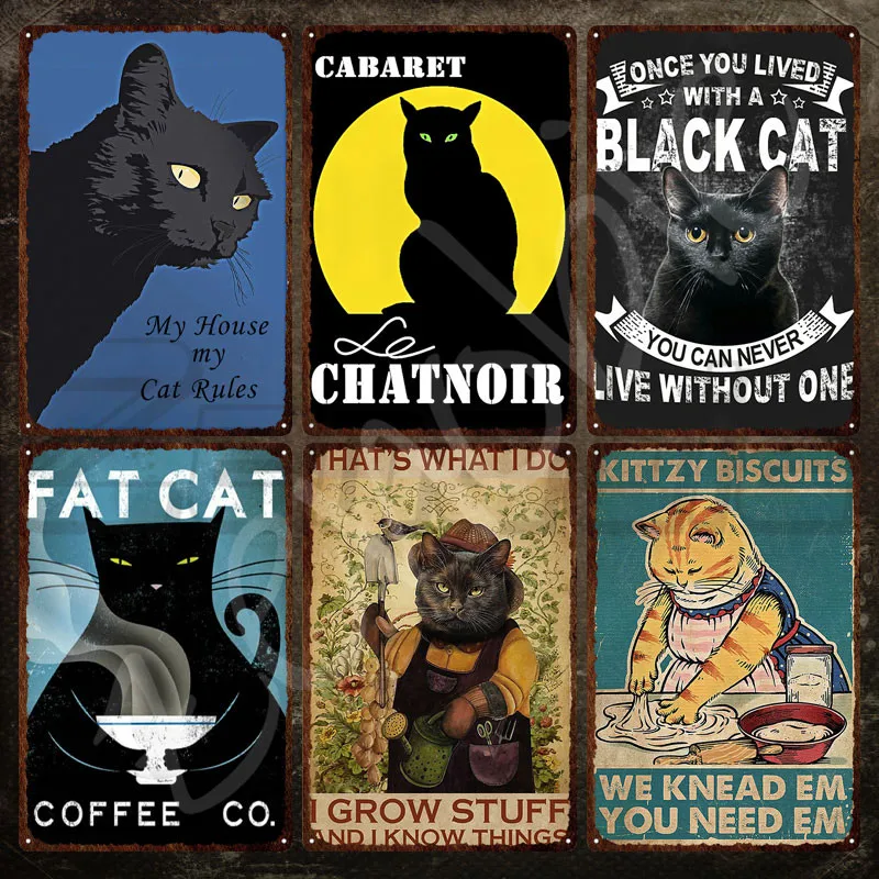

Забавный Черный кот металлический знак толстый кот кофе ко винтажный жестяной знак животные настенные художественные наклейки железная живопись металлическая пластина для домашнего декора