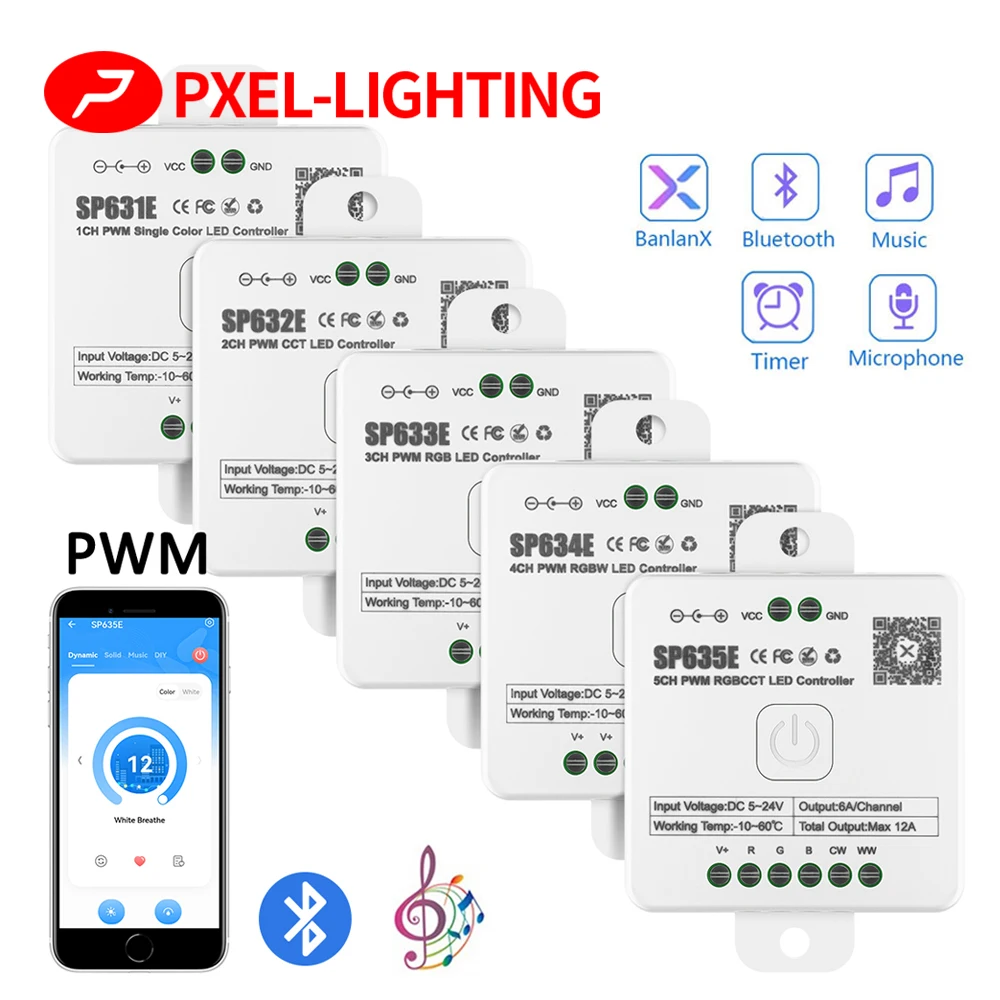 

SP631E-SP635E PWM LED Controller Bluetooth Music Voice 5050 FCOB DIM CCT RGB RGBW RGBCCT LED Light Strip IOS Android 2.4G 5V-24V