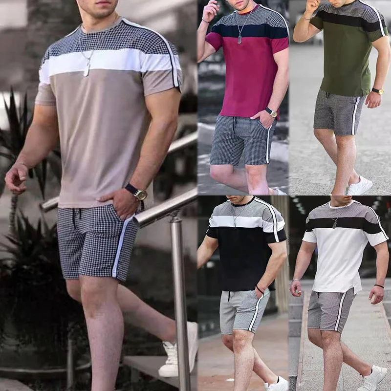 

2023new Men's Casual Summer Stitching Suit Leisure Sports Suit Men's Ice Silk Slim Fit Short Sleevett-shirt