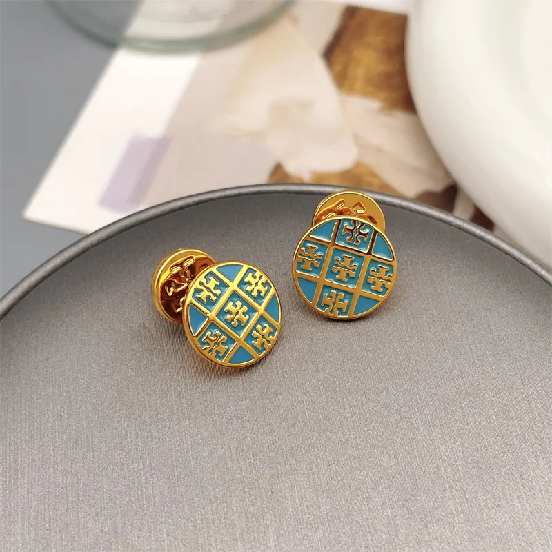 

European And American Retro Geometric Circular Shape Blue Enamel Glaze Stud Earrings For Women Exquisite Simple Fashion Earrings