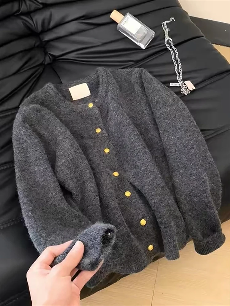 Корейская серия Idle Sle малинового цвета с круглым вырезом вязаный кардиган для