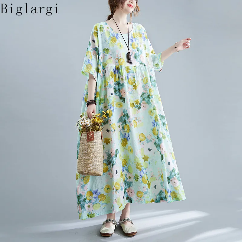 

Oversized Vintage Print Flower Dress Womens Summer Casual Big Size Women Loose Ladies Floral Print Cotton Long Dresses 2022