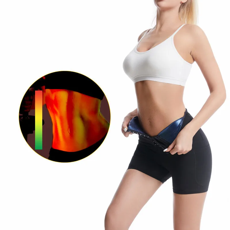 

Women's Fitness Sauna Shorts With Pocket High Waist Breasted Tummy Control Sweating Three Point Pants For Losing Weight