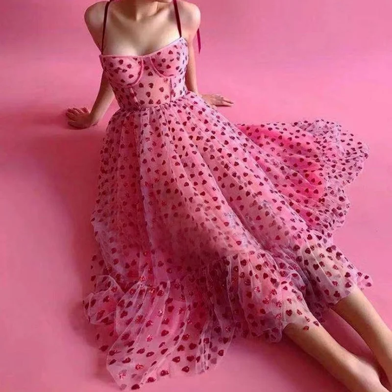 

Summer Women Dress Pink Heart Sling Party Dress Sexy Woman New One Piece Spaghetti Strap Dress Sleeveless Embroidery Pink Dress