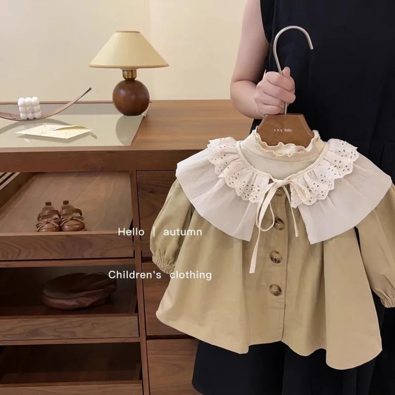 

Trench Girls Windbreaker Coat Autumn New Children Clothing Fashionable Baby Korean Lotus Leaf Collar Soild Simple