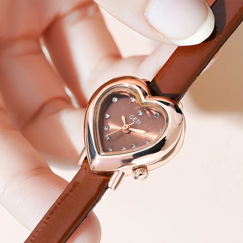 GEDI New Love Shaped Ultra-thin Women Watches Luxury Brand Waterproof Leather Strap Ladies Fashion Quartz Wristwatch Woman Clock