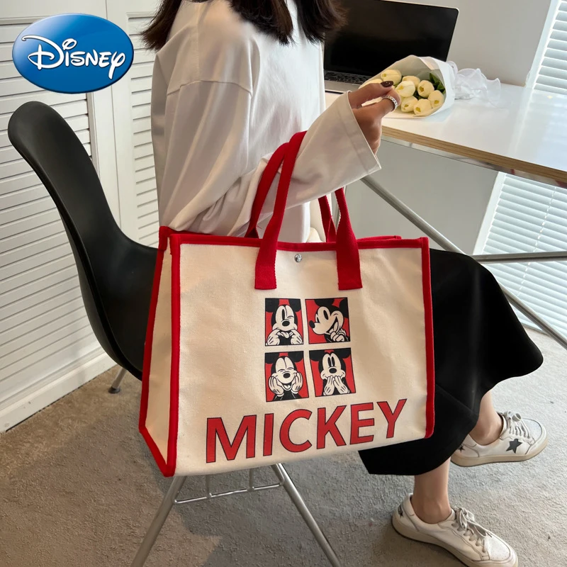 

Disney 2022 New Strawberry Bear Women's Bag Cartoon Cute Mickey Canvas Handbag Luxury Brand Large Capacity Student Shoulder Bag