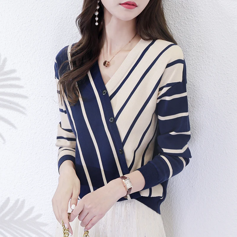 

Knitted Women's Sweater New Casual Fashion Autumn Button Stripe Splicing Long Sleeves V-neck Tops Houthion