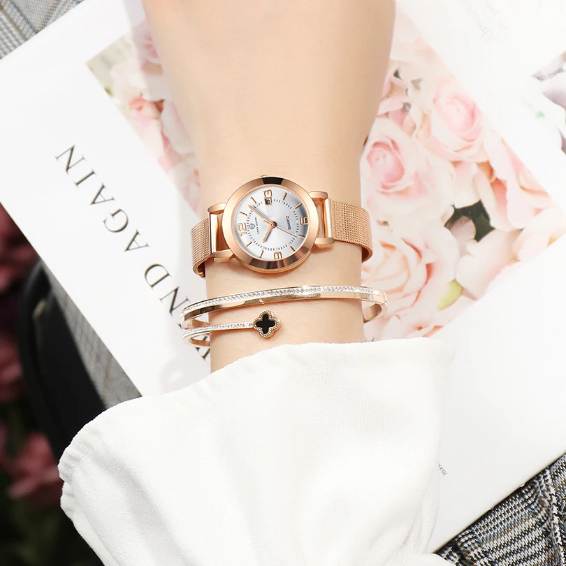 Женские часы с ремешком из нержавеющей стали светящийся календарь