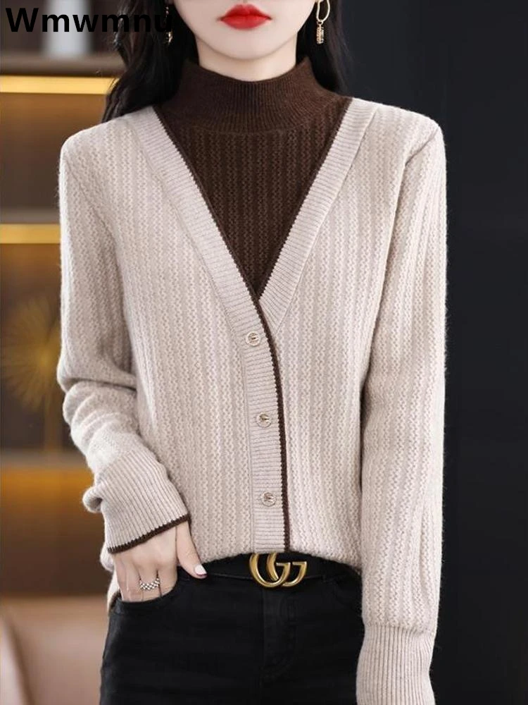 

Women Patchwork Sweater Casual Loose Fake Two Piece Knit Tops New Korean Mom Pullover Mock Neck Knitwear Jumper Spliced Jersey