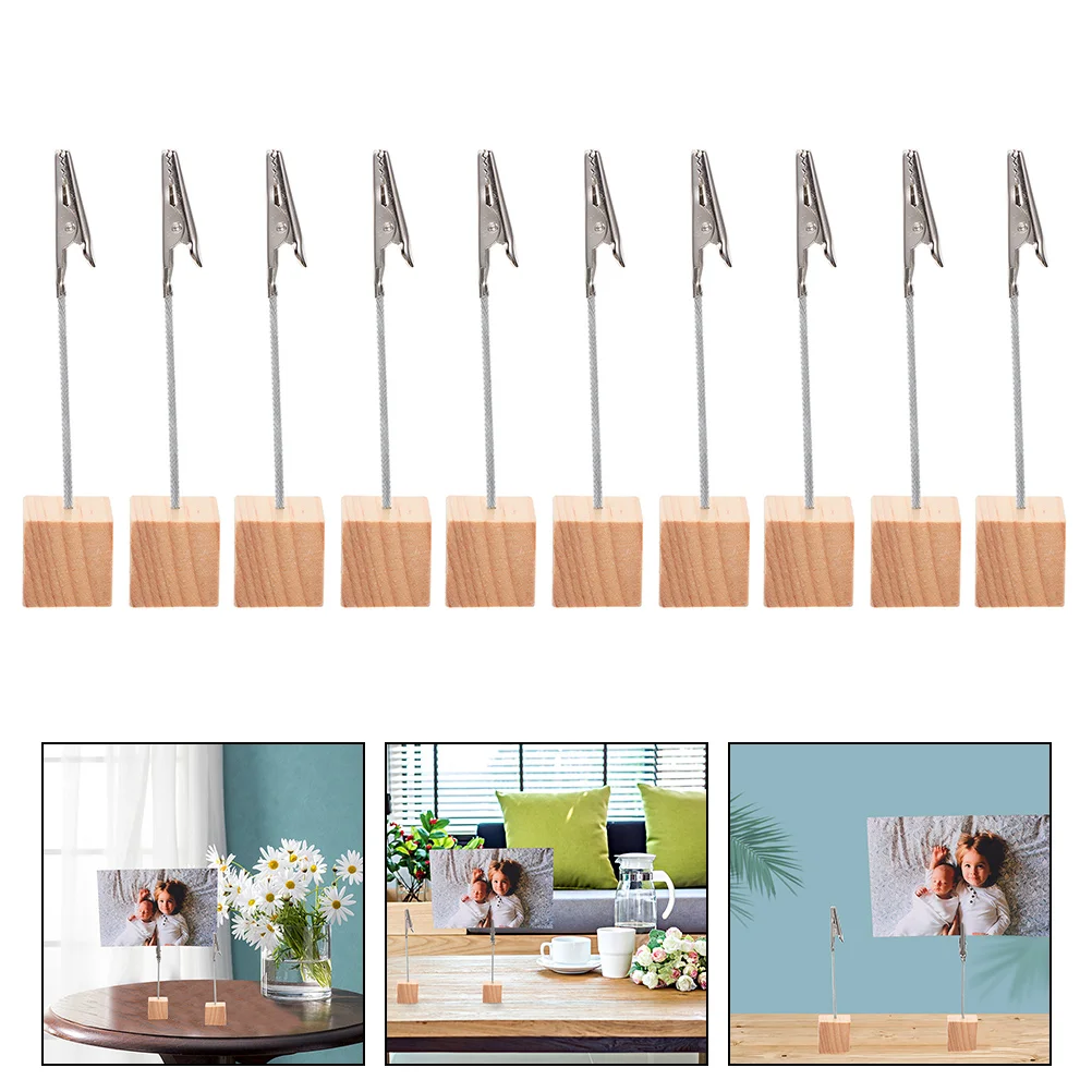 

10 Pcs Business Card Holder Desk Wooden Photo Clips Cards Tabletop Message Iron Desktop Note Clamps Stand Cute accessories