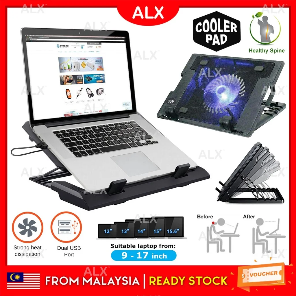

ALX LED Large Laptop Fan Strong Wind USB Fan Notebook Cooler Fan Cooling Pad 2 USB Port 9-17" Laptop Stand