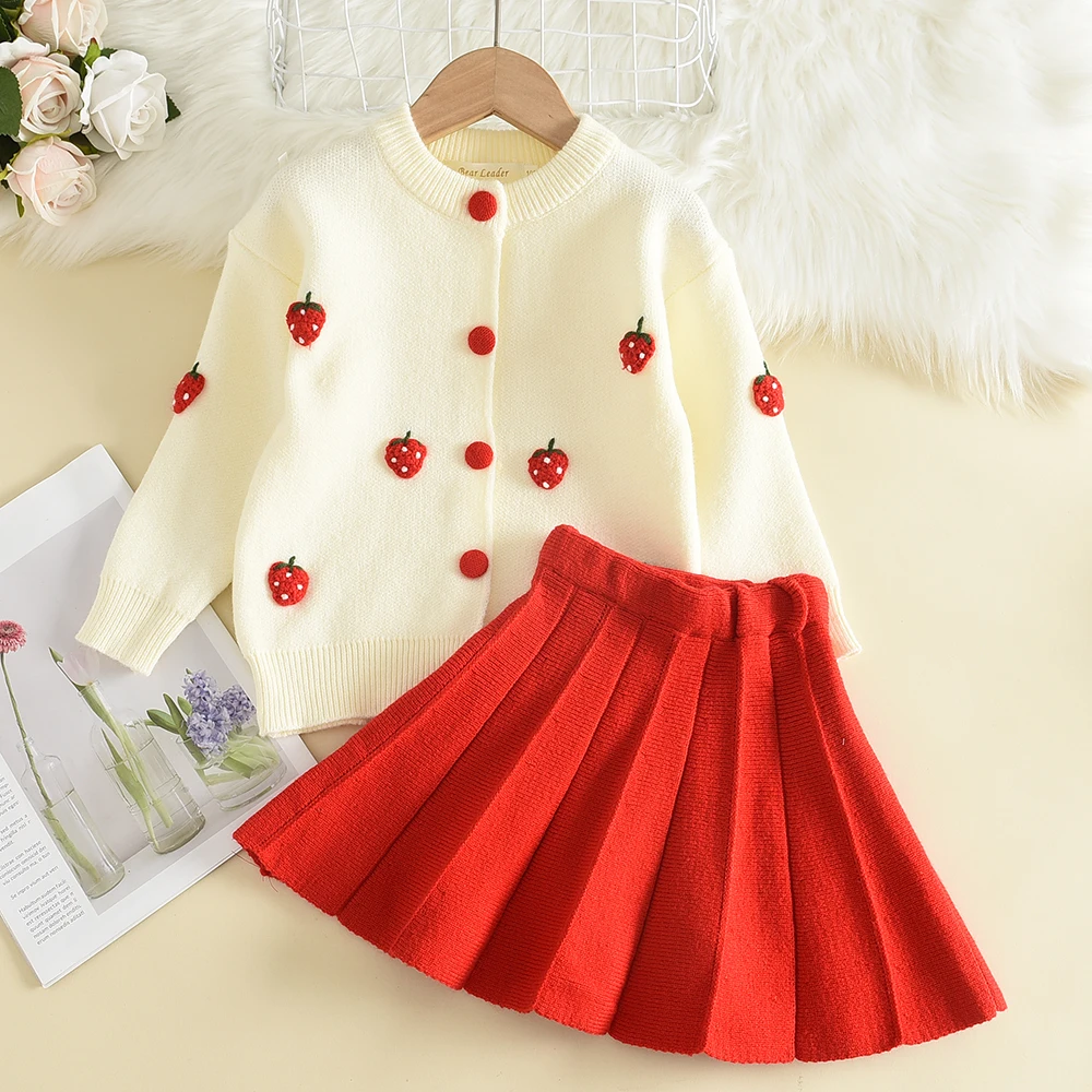 

2022 New Style Girls Christmas Autumn Clothing Knitted Piece GIRL'S Cute Sweater Suit Skirt Warm Cardigan Pleated Skirt Girl Set