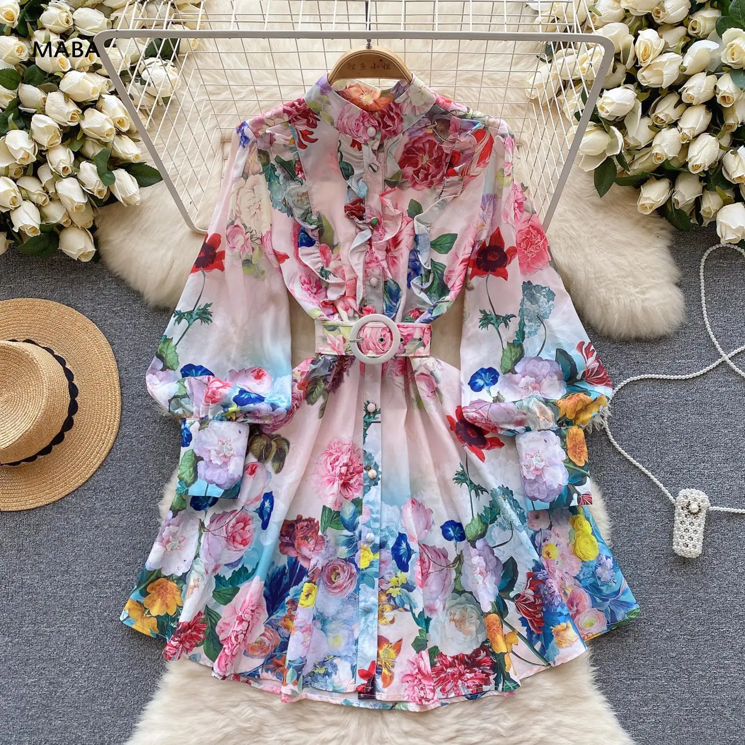 

2024 Runway Dresses Women Stand Collar Lantern Long Sleeves Single Breasted Ruffles Belt Floral Flower Short Dress Sweet Robe