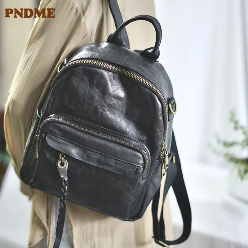 PNDME casual outdoor travel genuine leather ladies small backpack fashion designer luxury real cowhide women's black bagpack