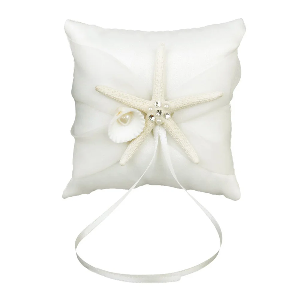 

10*10cm Beach Wedding Ring Bearer Pillow Shell Bridal Cushion with Satin Ribbons (White)