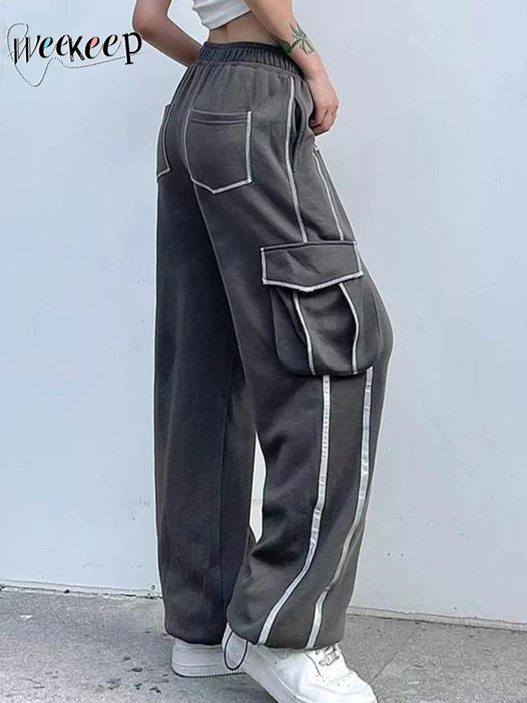 

Weekeep 2022 Autumn Black Sweatpants Low Rise Pocket Stitching Baggy Cargo Pants Women Streetwear Casual y2k Jogging Track Pants