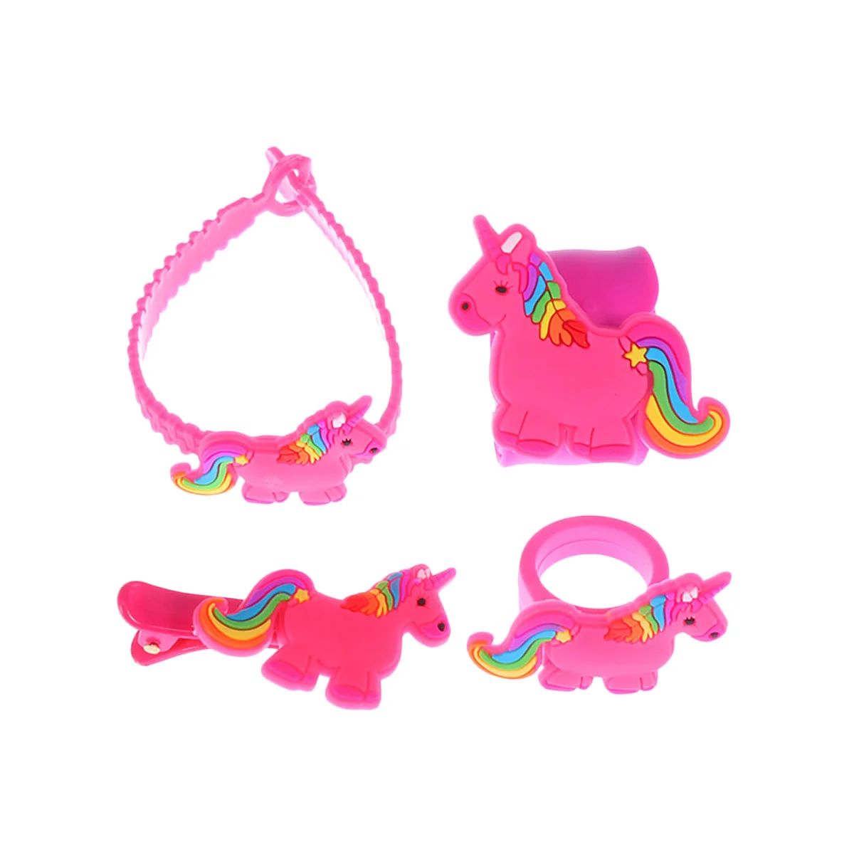 

4pcs Cartoon Unicorn PVC Ring Bracelet Hair Clip Clap Ring Kids Playing Toys Rose Red